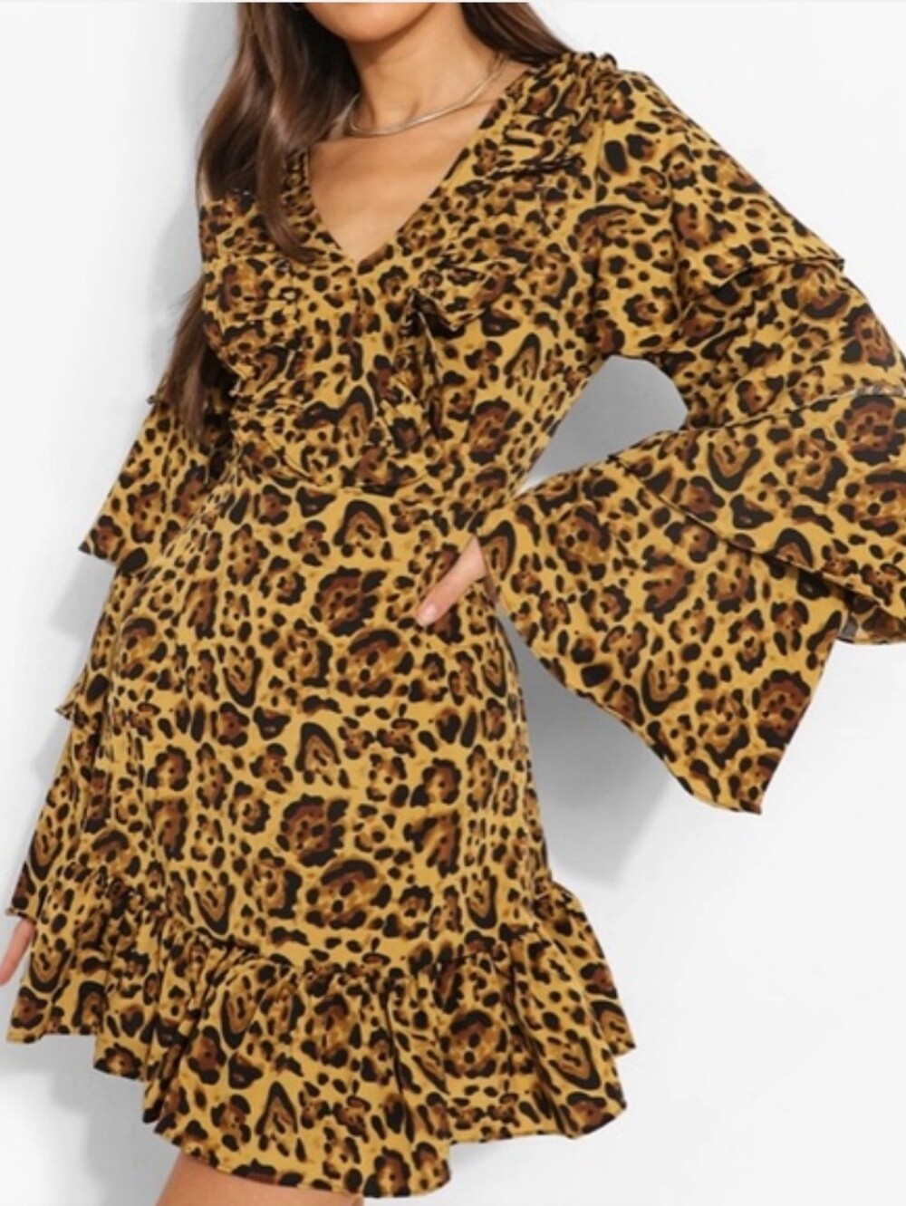 Boohoo Leopard Ruffle Tiered Long-Sleeve Mini Dress - Brown - Picture 2 of 6
